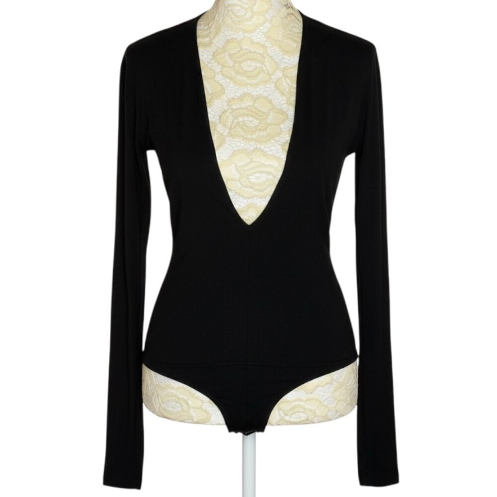 Reformation Bodysuit Plunge V Neck Top Blouse Shirt Tencel Black S